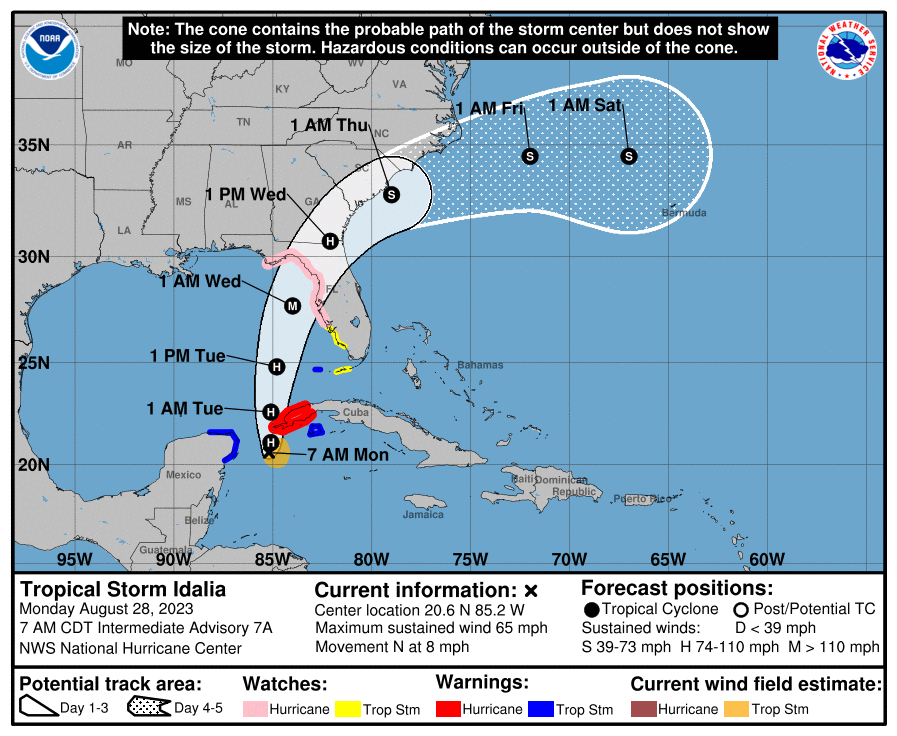 The National Weather Service storm tracker shows a possible pass by of Tropical Storm Idalia in Southeast Georgia by Wednesday afternoon. Heavy rain and winds with flooding are possible.